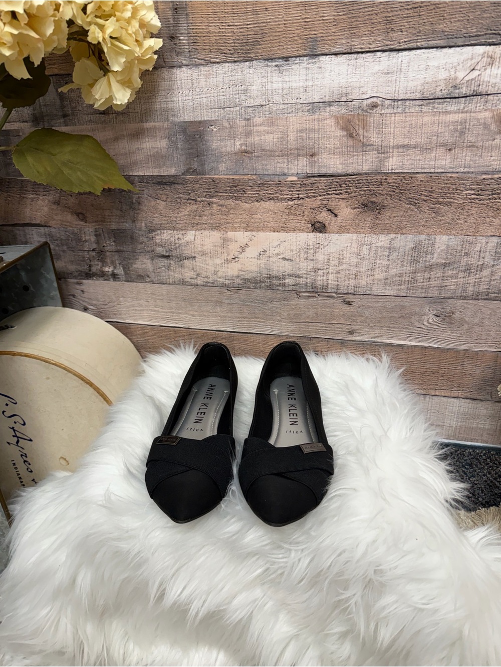Anne Klein Black Pointed Toe Crisscross Flats